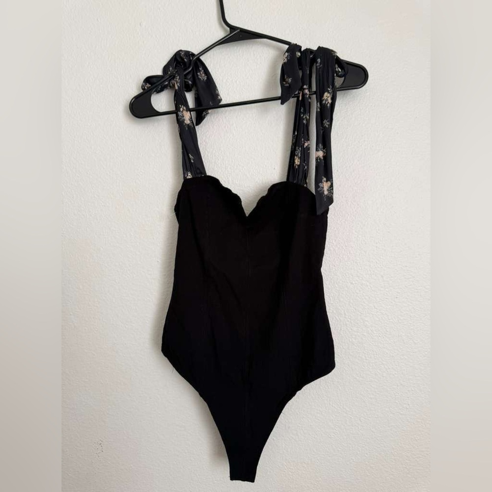 Free People Black Bodysuit with Floral Tie Straps - Picture 3 of 6
